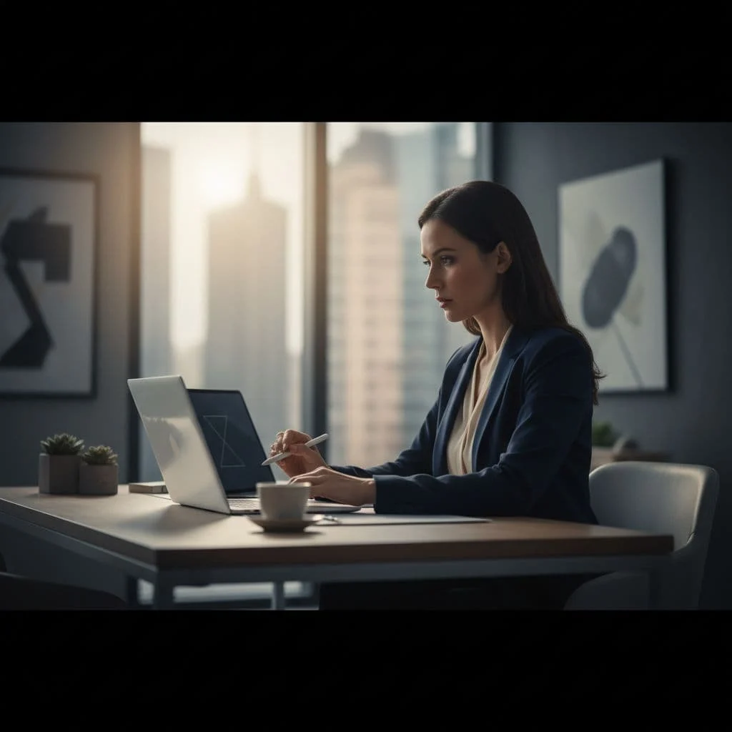 A woman sits at a minimalist wooden desk, intently using a stylus on a tablet next to an open laptop. Soft studio lighting illuminates her focused expression within the clean office.
