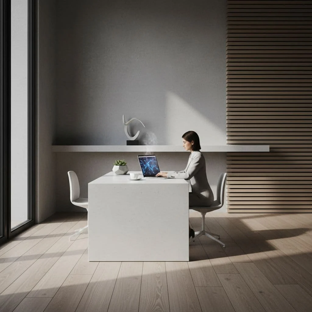 A person types on a sleek laptop atop a clean wooden desk surface. Soft sunlight illuminates the workspace, highlighting the focused environment used for building modern professional websites and digital interfaces.