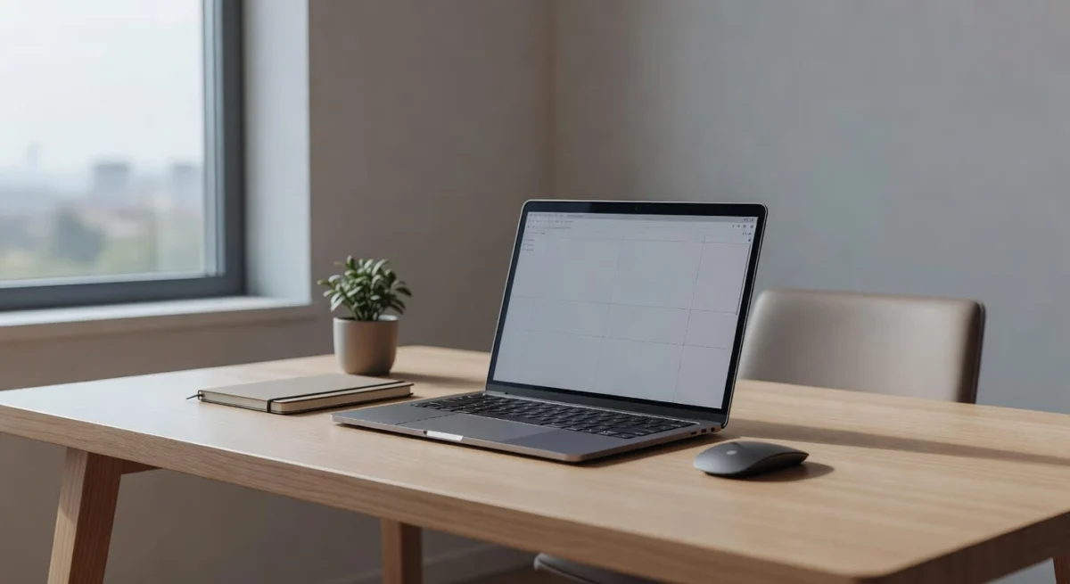 A sleek silver laptop sits centered on a polished wooden desk surface. Warm natural daylight streams through an adjacent window, casting soft shadows across the organized and uncluttered home office environment.