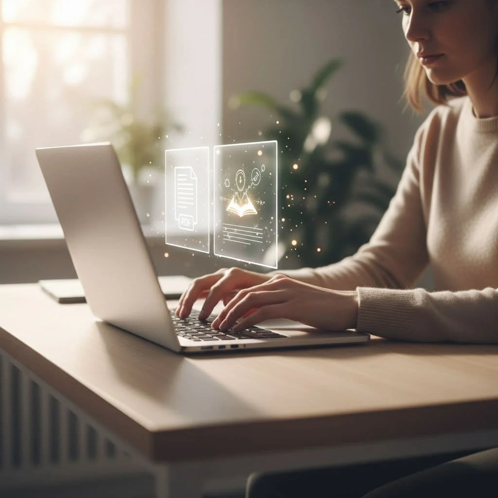 A professional user sits at a minimalist wooden desk working on a laptop. A glowing, semi-transparent digital flipbook visual hovers above the screen, representing the transformation of static documents into interactive media.