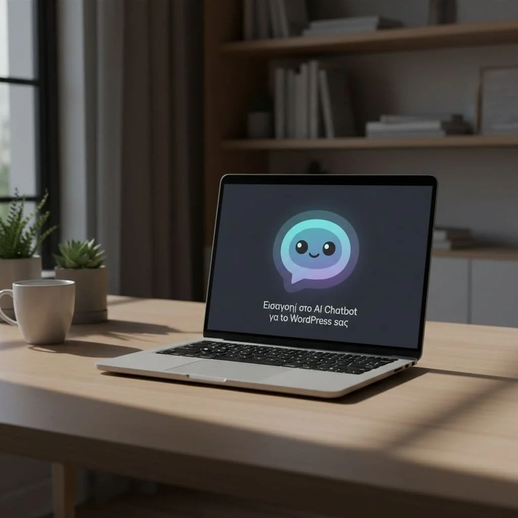 A sleek silver laptop sits open on a minimalist desk, displaying a glowing, friendly interface icon. Warm, dramatic studio lighting emphasizes the crisp screen contrast against the softly blurred background environment.