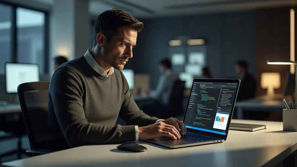 A focused developer sits at a minimalist workstation with a sleek laptop. Soft ambient light illuminates the screen, while the blurred office background creates a professional, depth-focused atmosphere for productivity.