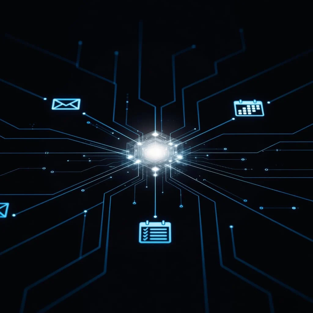 A glowing central geometric node floats against a dark background, with thin illuminated lines extending toward floating abstract icons representing daily software tools, task managers, and email communication apps in sequence.