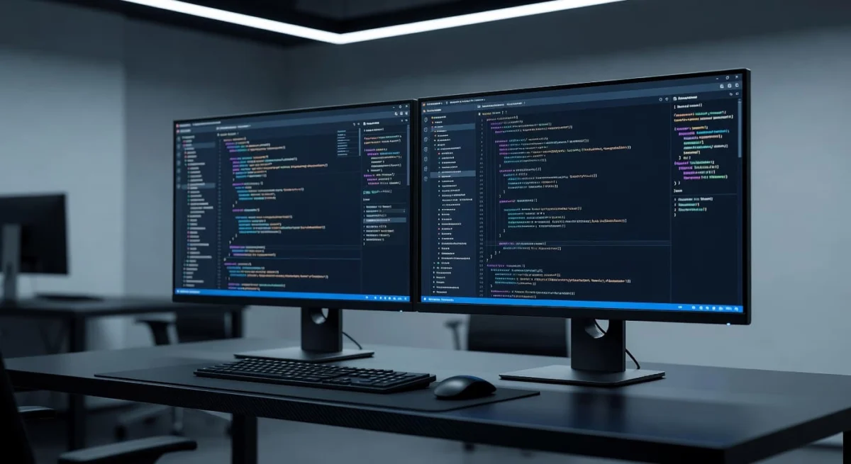 Two sleek monitors rest on a minimalist desk, displaying dark-themed software interfaces with vibrant syntax highlighting. The professional workspace is illuminated by soft, cinematic lighting that emphasizes the focused developer environment.