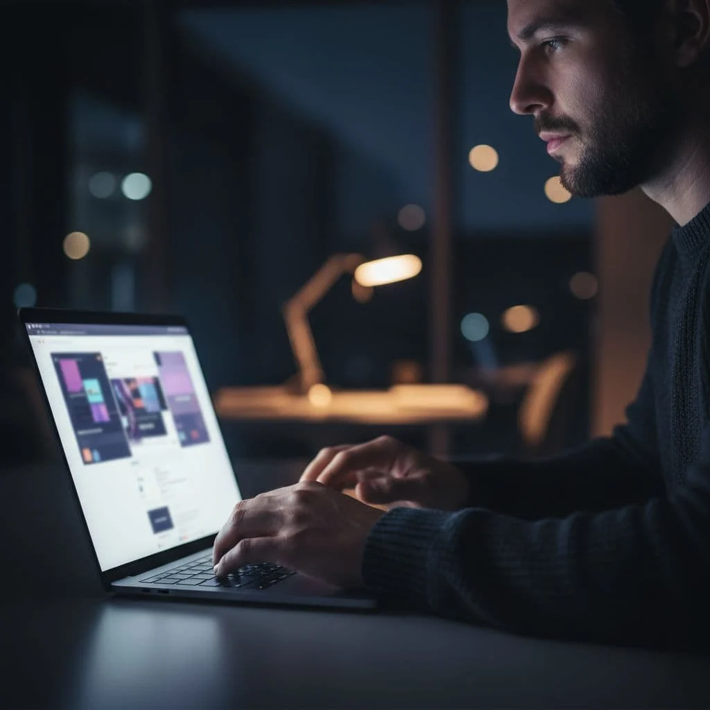 A close-up view showing hands typing on a laptop keyboard while editing a digital email layout. Cinematic lighting highlights the workspace with a blurred screen and deep focus on user interaction.