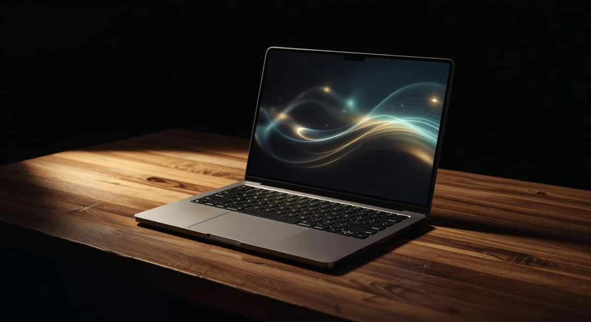 Ένα κομψό ασημί laptop σε ένα μινιμαλιστικό ξύλινο γραφείο υπό ζεστό φως, ιδανικό για δημιουργική εργασία