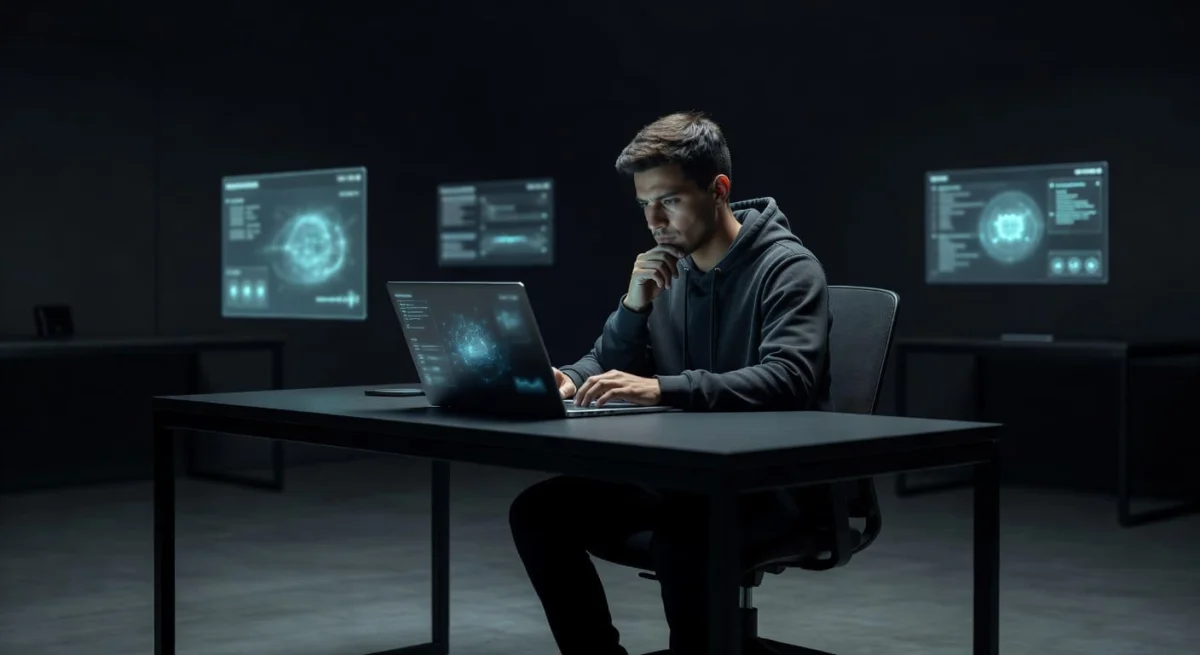 A focused individual sits at a minimalist desk working on a sleek laptop within a dimly lit room. High-contrast cinematic lighting illuminates the clean workspace, emphasizing concentration and modern design aesthetics.