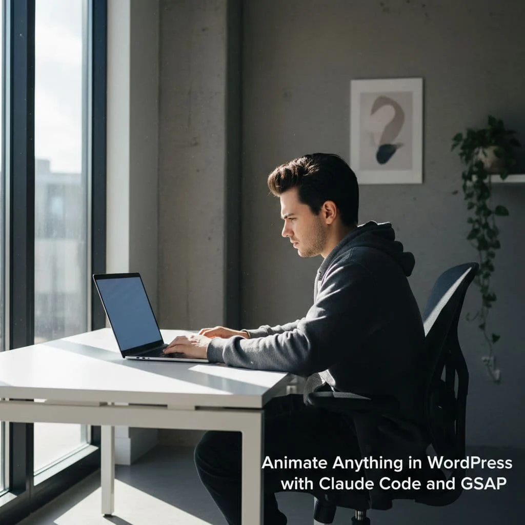 A developer sits at a minimalist workstation focused on a glowing laptop screen. The workspace features sleek furniture bathed in bright natural light streaming from a nearby large window.
