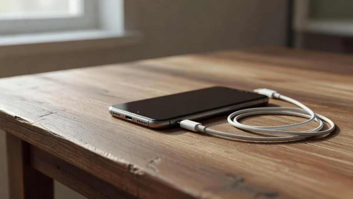 A modern smartphone sits flat on a textured wooden surface next to a coiled white charging cable. Soft morning light streams from a nearby window, casting gentle shadows across the workspace.