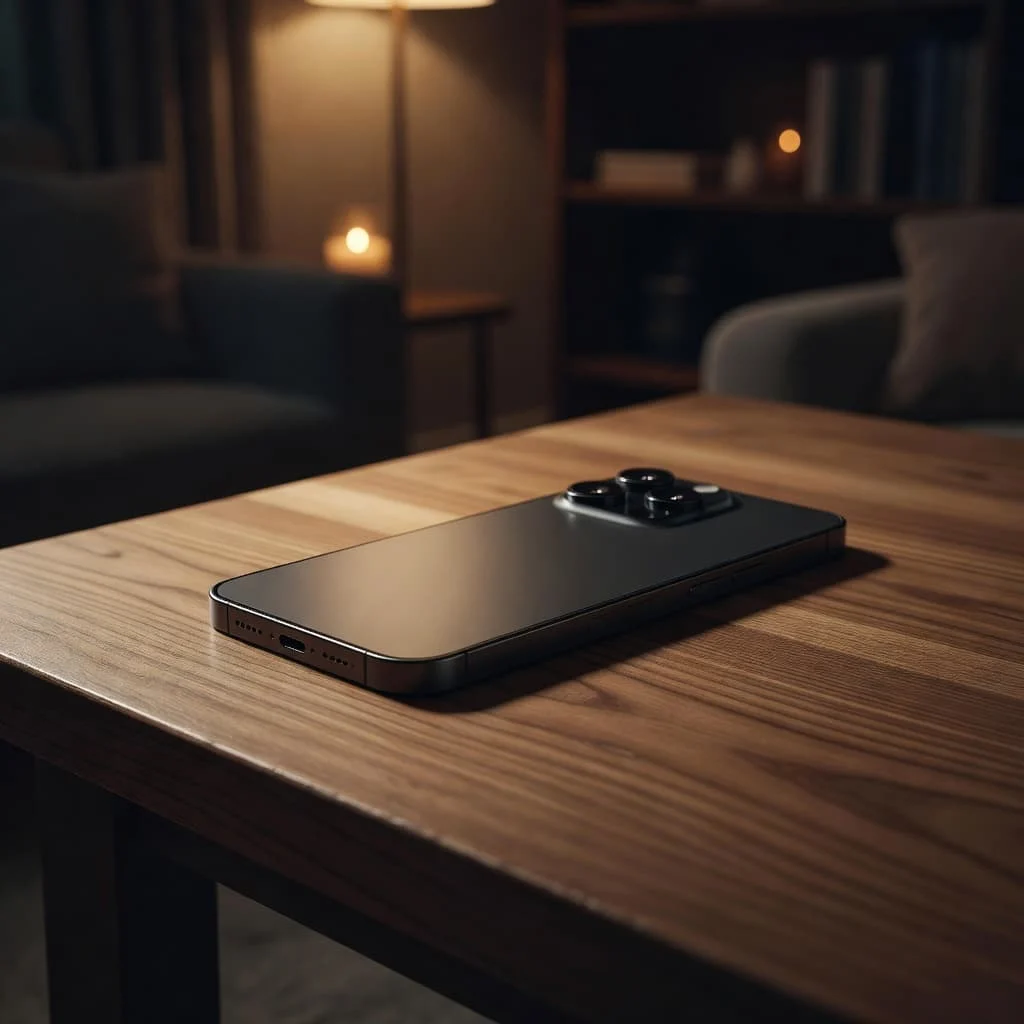 A refined smartphone rests on a polished dark wood table in a dimly lit room. Warm ambient glows highlight the device's contoured edges against a blurred, cozy home background setting.