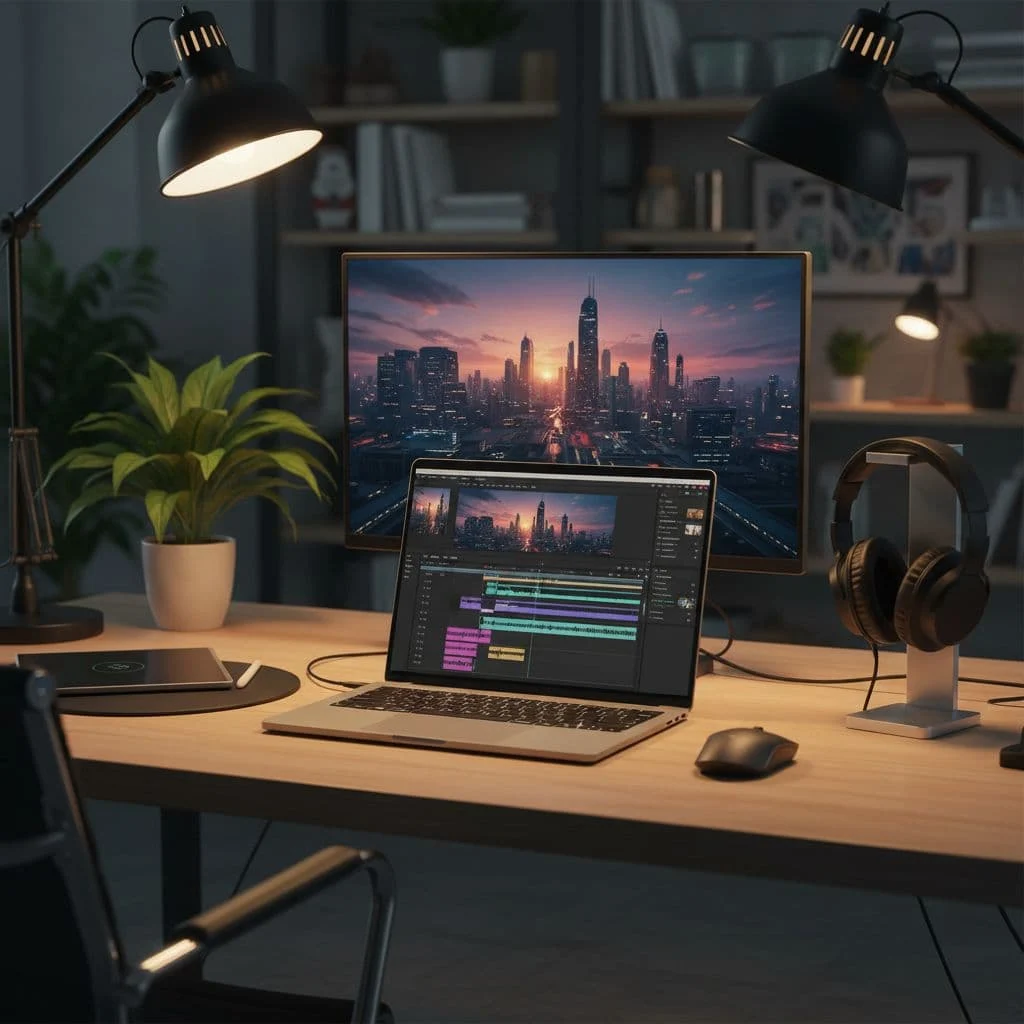 A sleek wooden desk features a laptop displaying complex video editing software timelines. Soft cinematic lighting highlights the organized studio space while creating a shallow depth of field in background.