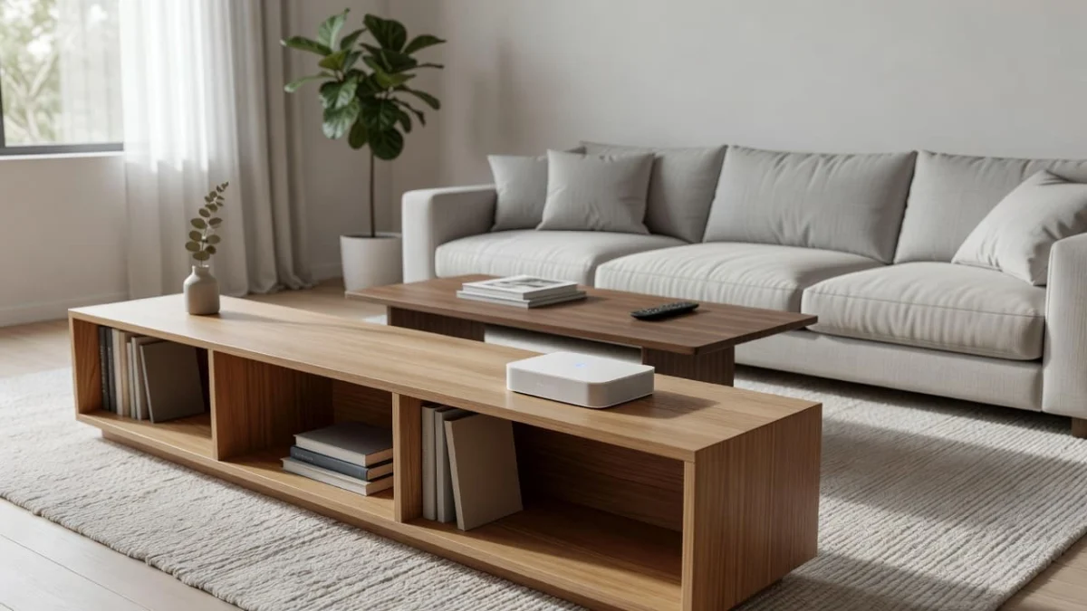 A sleek white mesh wifi unit rests on a minimalist wooden wall shelf. The living room features soft natural lighting that accentuates the device's clean design and modern domestic aesthetic.