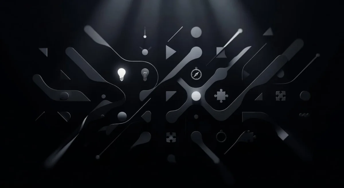 A sleek digital display showcases a non-linear flow map featuring floating abstract geometric shapes and subtle icons against a high-contrast dark background with soft, cinematic depth-of-field lighting effects.