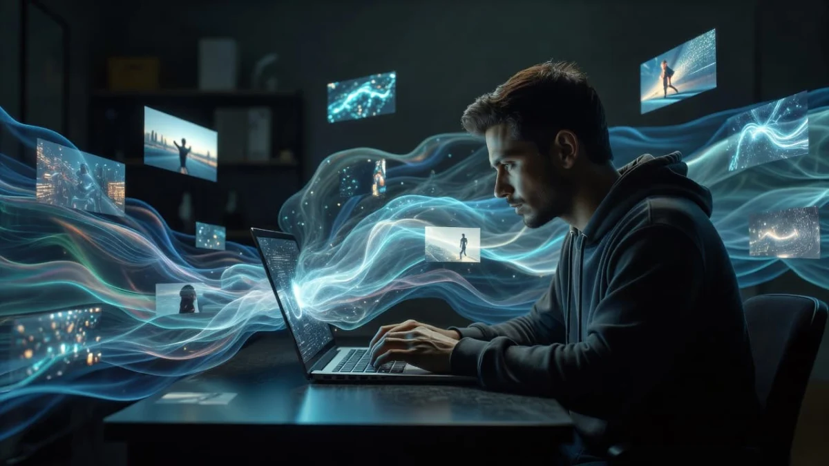 A person sits before a glowing laptop as swirling ethereal digital waves and floating cinematic video frames emerge from the screen. The scene is illuminated by dramatic, moody directional lighting.
