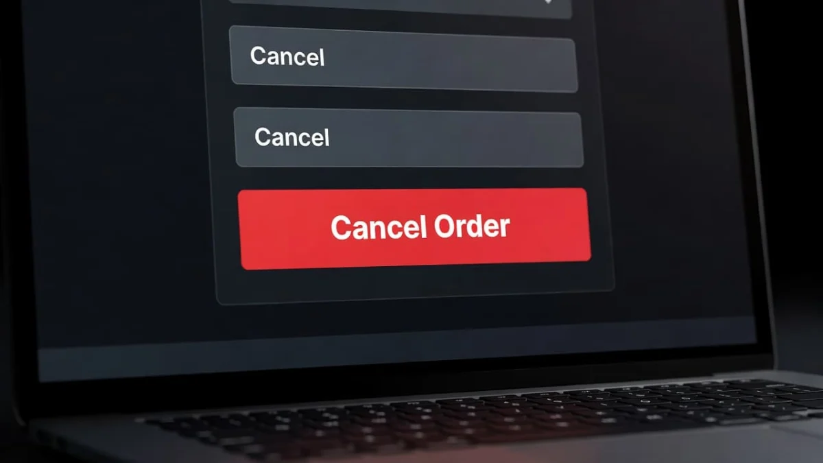 Μια καθαρή οθόνη laptop εμφανίζει σε dark mode τη διεπαφή ενός e-shop. Το κουμπί υπαναχώρησης ξεχωρίζει έντονα στο κέντρο, φωτισμένο με δραματικές φωτοσκιάσεις που αναδεικνύουν την επιλογή του χρήστη για επιστροφή προϊόντων.