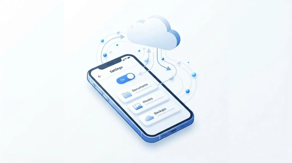 Smartphone με ρυθμίσεις σύνδεσης στο cloud σε λευκό φόντο.