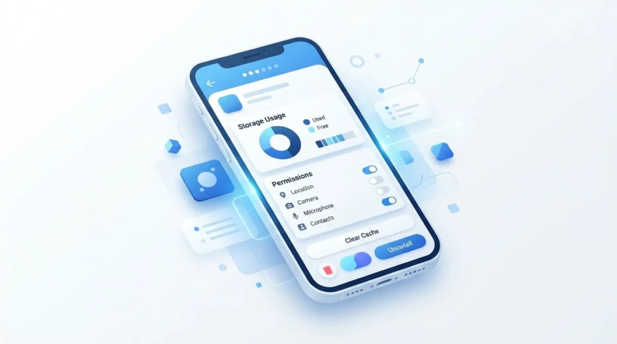 Τρισδιάστατη απεικόνιση smartphone που δείχνει ρυθμίσεις αποθήκευσης σε λευκό φόντο.