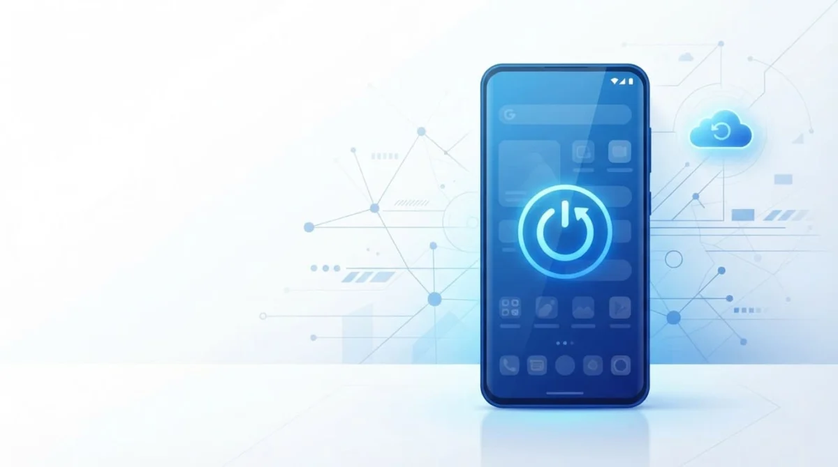 Όρθιο Android με κυκλικό σύμβολο επανεκκίνησης σε λευκό χώρο.