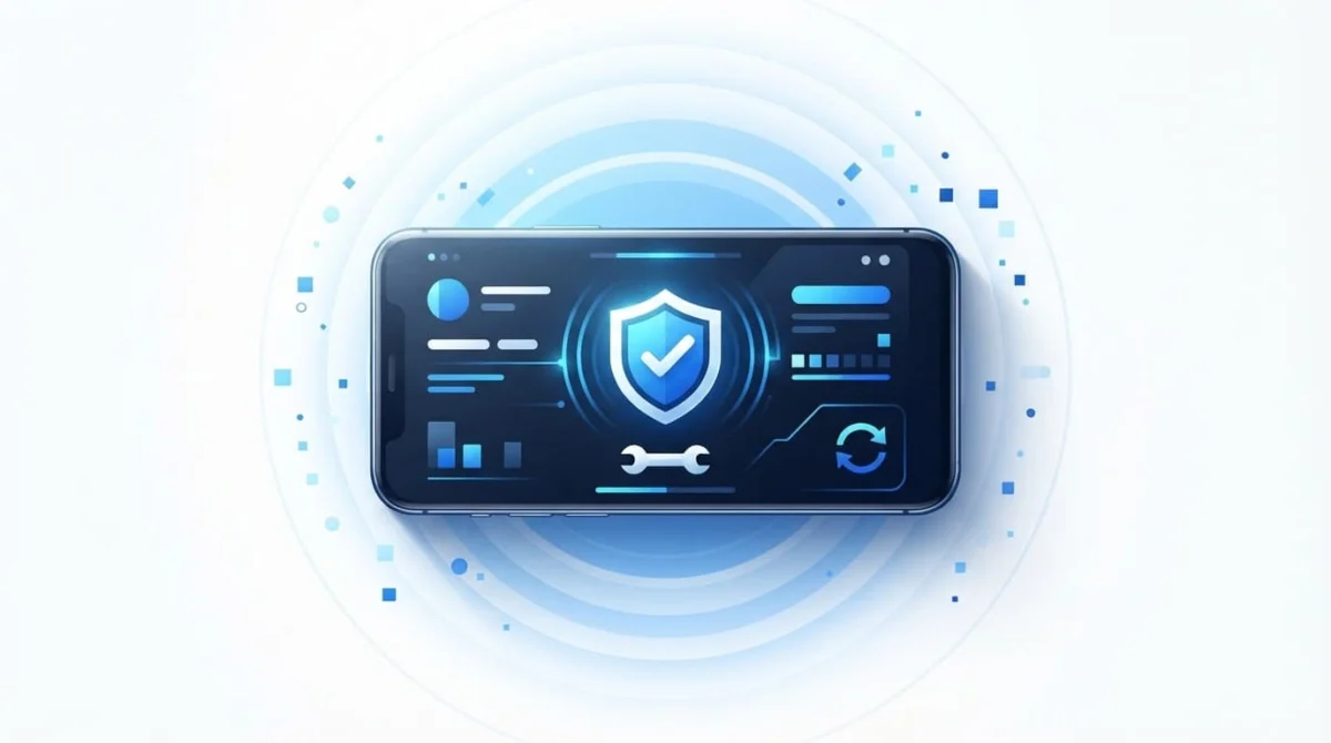 Κεντρικό Android τηλέφωνο με σύμβολα ανάκτησης σε μπλε διαγνωστικό φόντο.