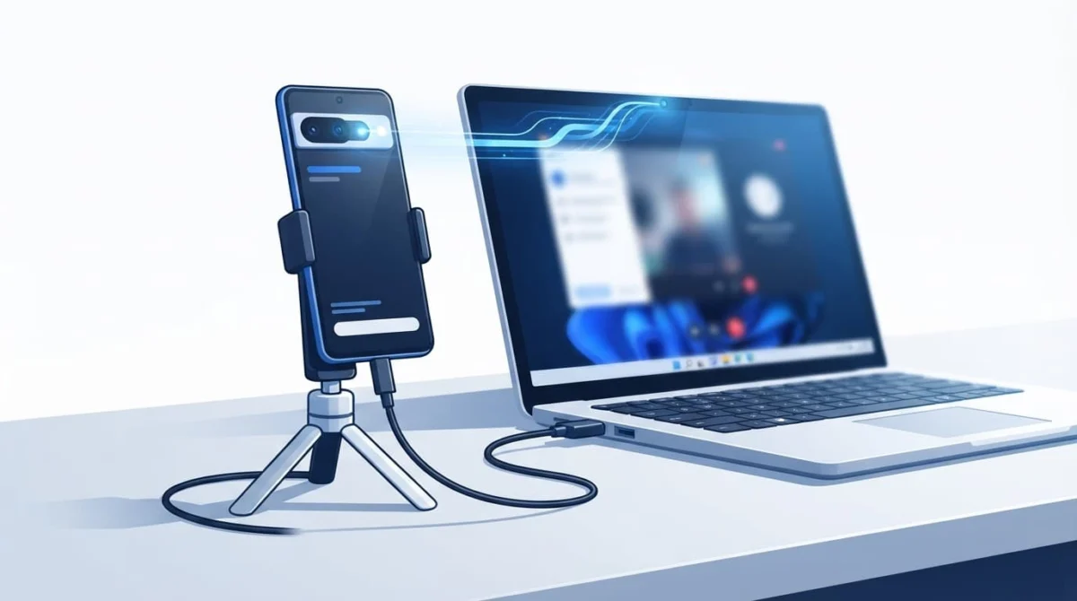 Android κινητό μπροστά από laptop Windows 11, συνδεδεμένο ως webcam.