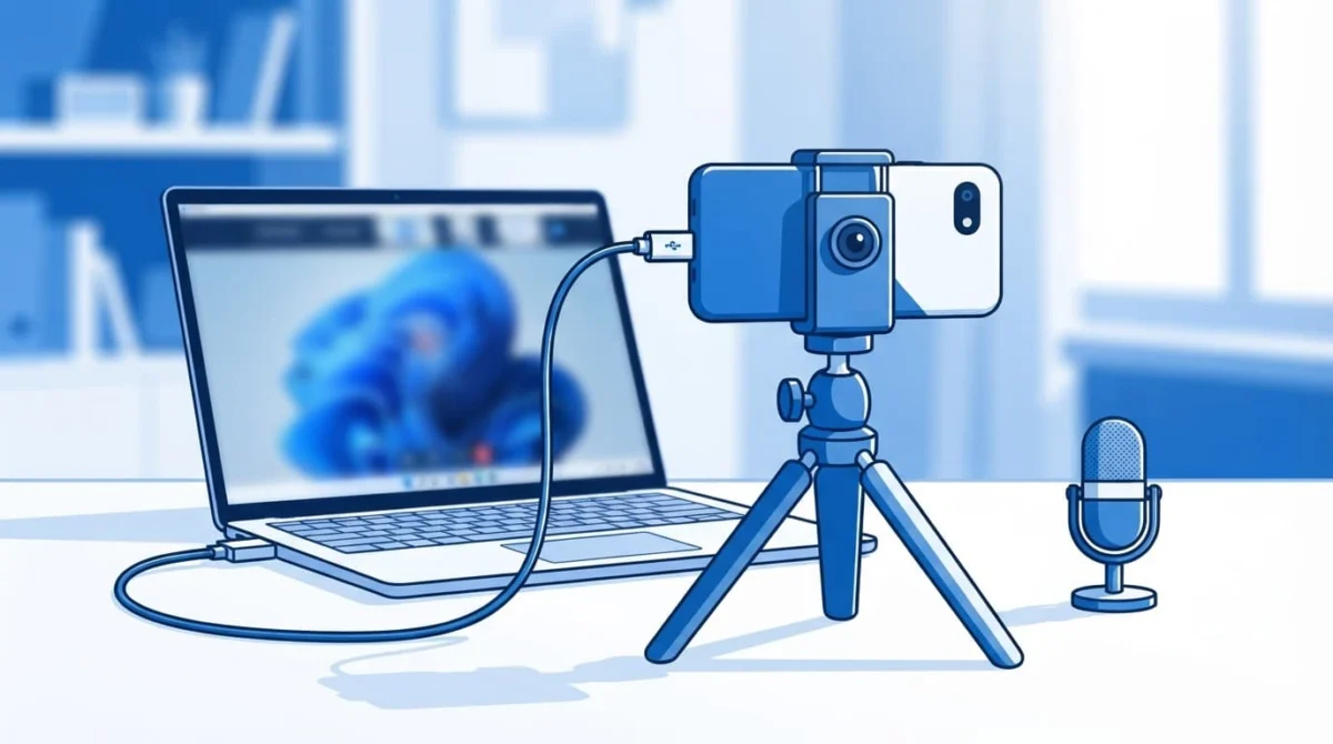 Κινητό σε τρίποδο λειτουργεί ως webcam μπροστά από φορητό υπολογιστή, με καλώδιο USB και μικρόφωνο.