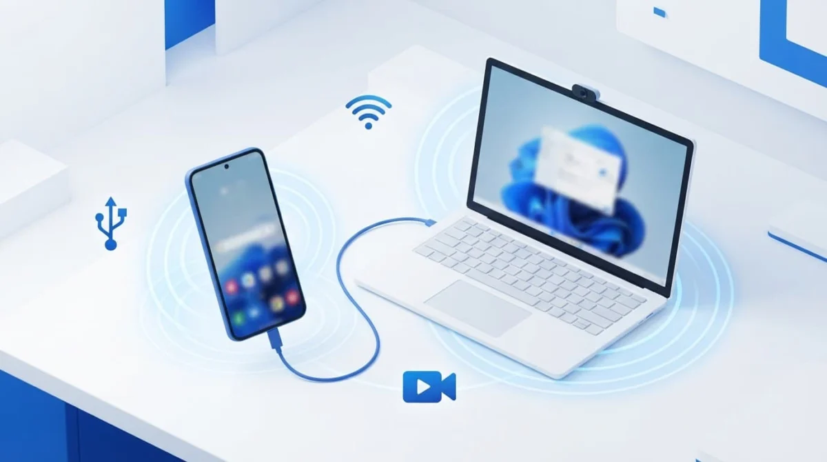 Android κινητό και laptop Windows 11 με σύνδεση webcam μέσω USB και Wi‑Fi.
