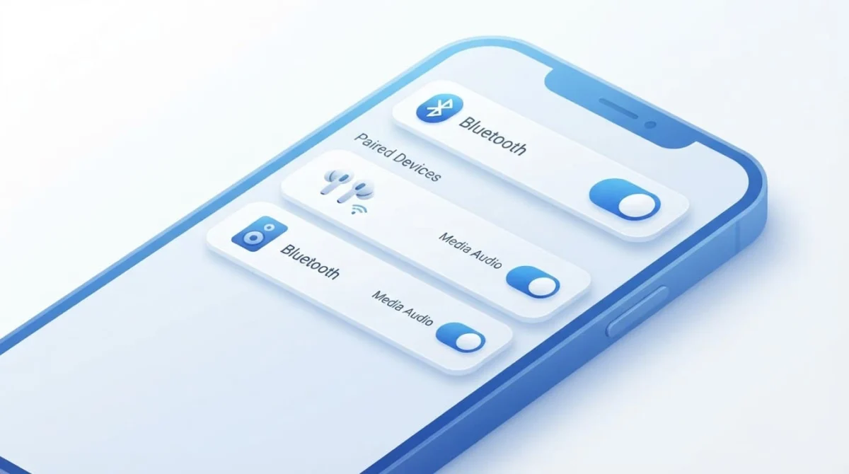 Smartphone με οθόνη ρυθμίσεων Bluetooth και μπλε στοιχεία σύνδεσης.