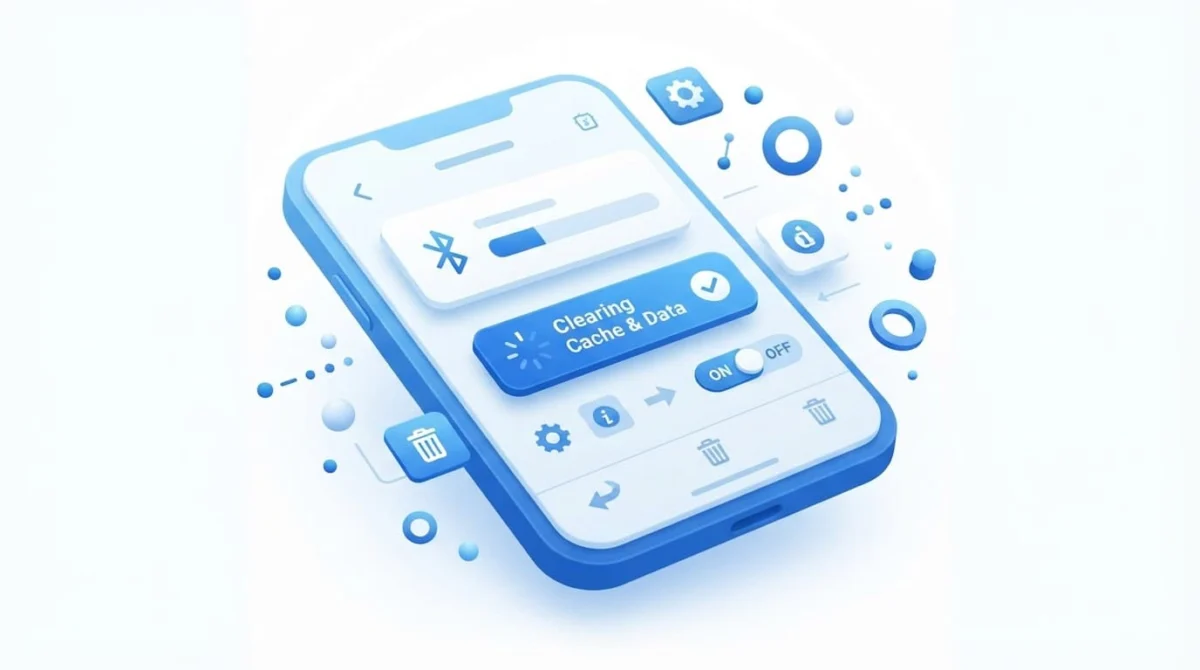 Μπλε οθόνη ρυθμίσεων smartphone για εκκαθάριση προσωρινής μνήμης Bluetooth.
