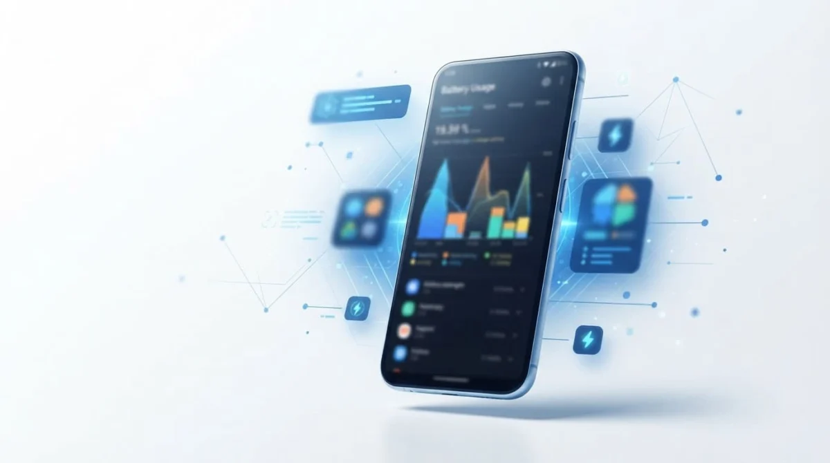 Android κινητό με θολό γράφημα χρήσης μπαταρίας σε λευκό φόντο.