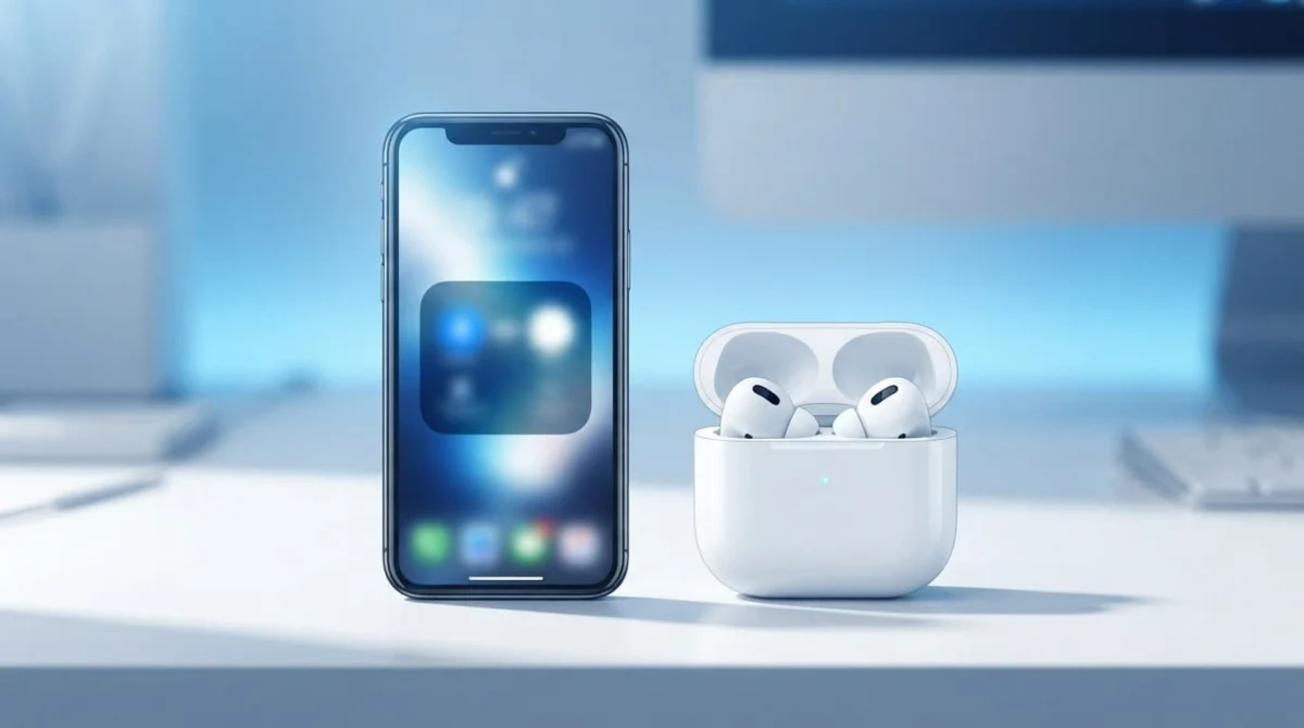 iPhone δίπλα σε ανοιχτή θήκη AirPods με δύο λευκά ακουστικά.