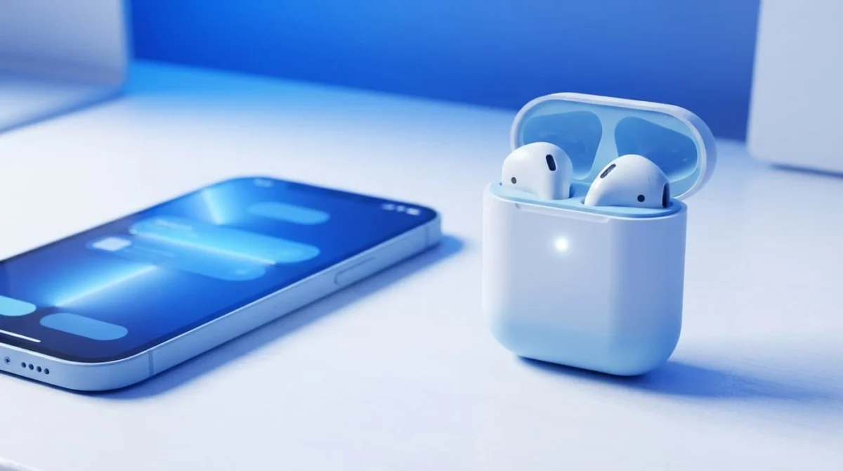 iPhone δίπλα σε ανοιχτή θήκη AirPods με αναμμένο λευκό φωτάκι.