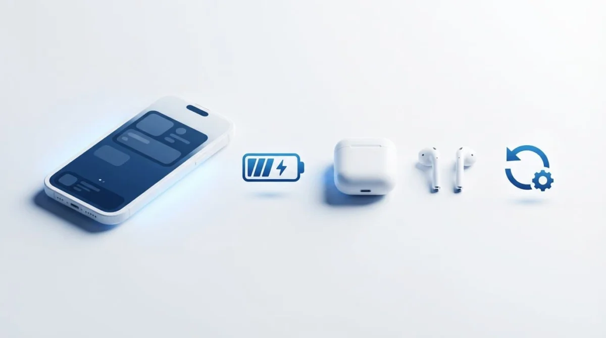 iPhone, θήκη και δύο λευκά AirPods δίπλα σε εικονίδια μπαταρίας και ενημέρωσης.