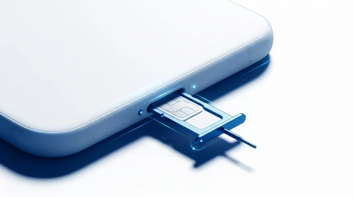 Smartphone με ανοιχτή θήκη SIM και μικρό εργαλείο αφαίρεσης.