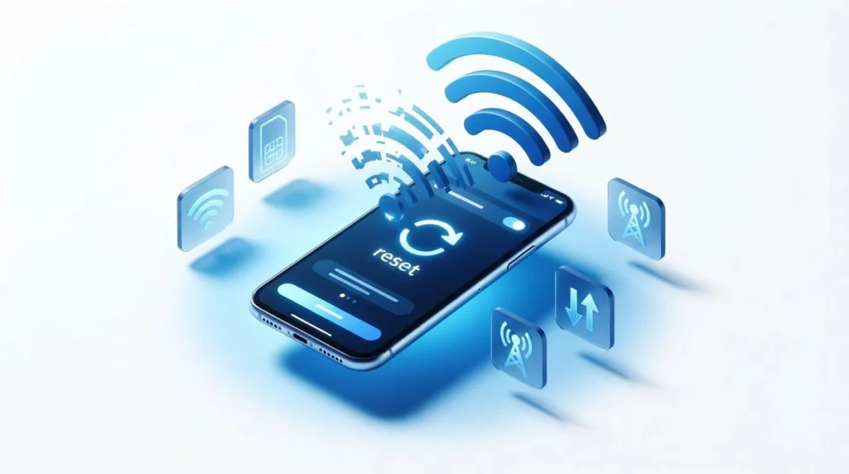 Λευκό smartphone με μπλε κύματα σήματος και εικονίδια δικτύου σε λευκό φόντο.