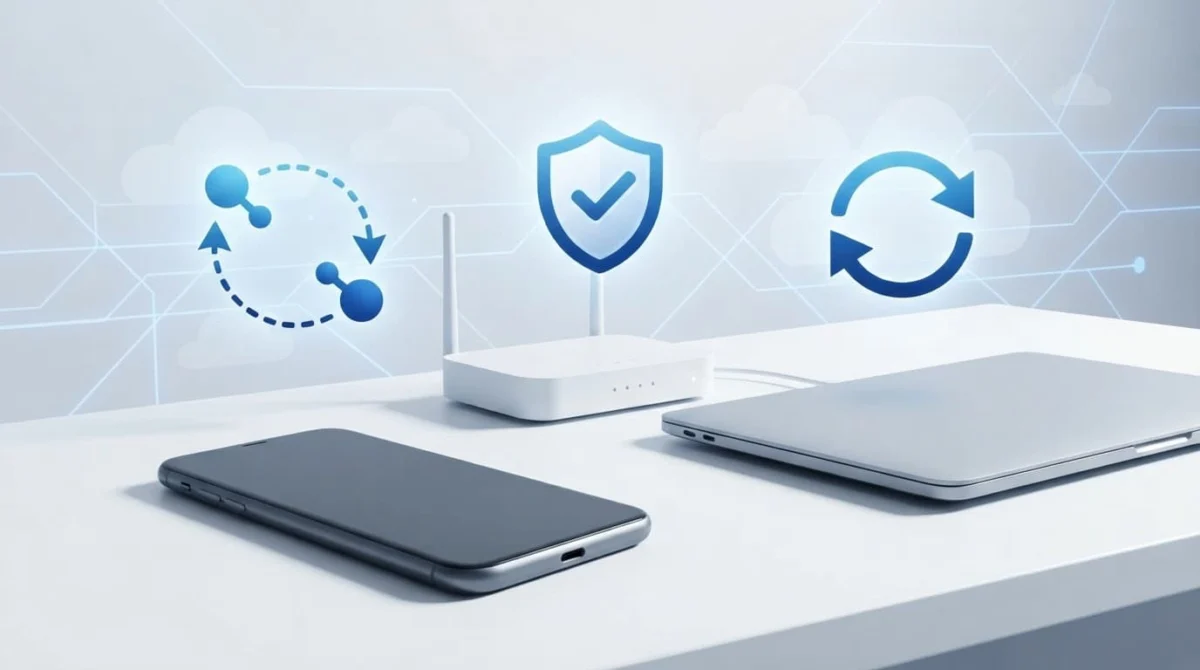 Συσκευή Android μπροστά από δρομολογητή και φορητή συσκευή