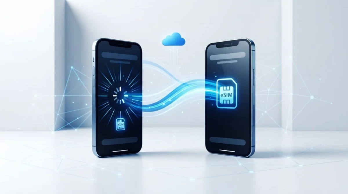 Δύο smartphones με μπλε γραμμές που δείχνουν ψηφιακή μεταφορά προφίλ.