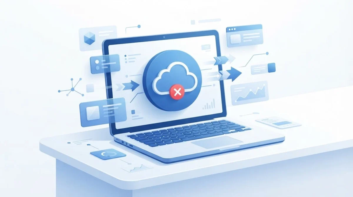 Laptop με εικονίδιο σφάλματος συγχρονισμού cloud σε μπλε και λευκό φόντο.