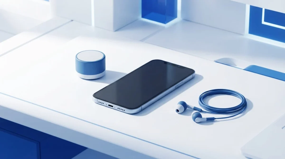 iPhone σε λευκό γραφείο με ηχείο και ενσύρματα ακουστικά.