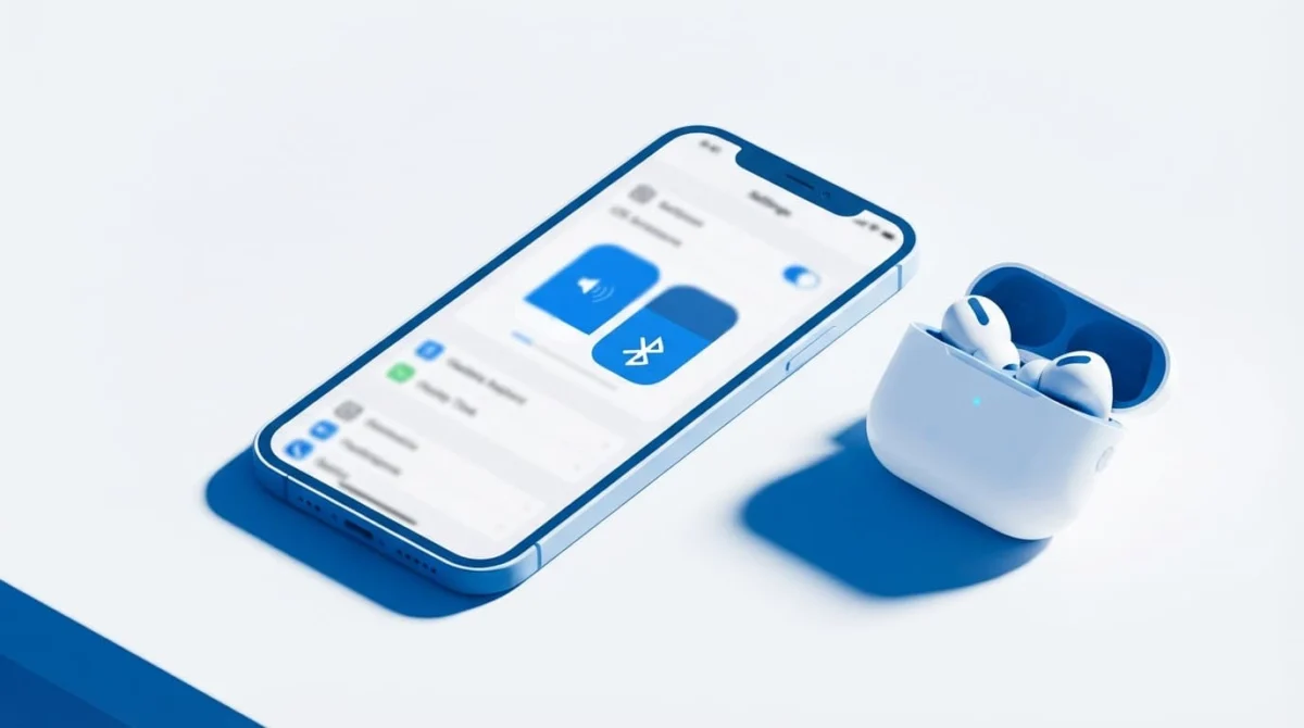 iPhone με μπλε έλεγχο έντασης και θήκη ασύρματων ακουστικών σε λευκό φόντο.