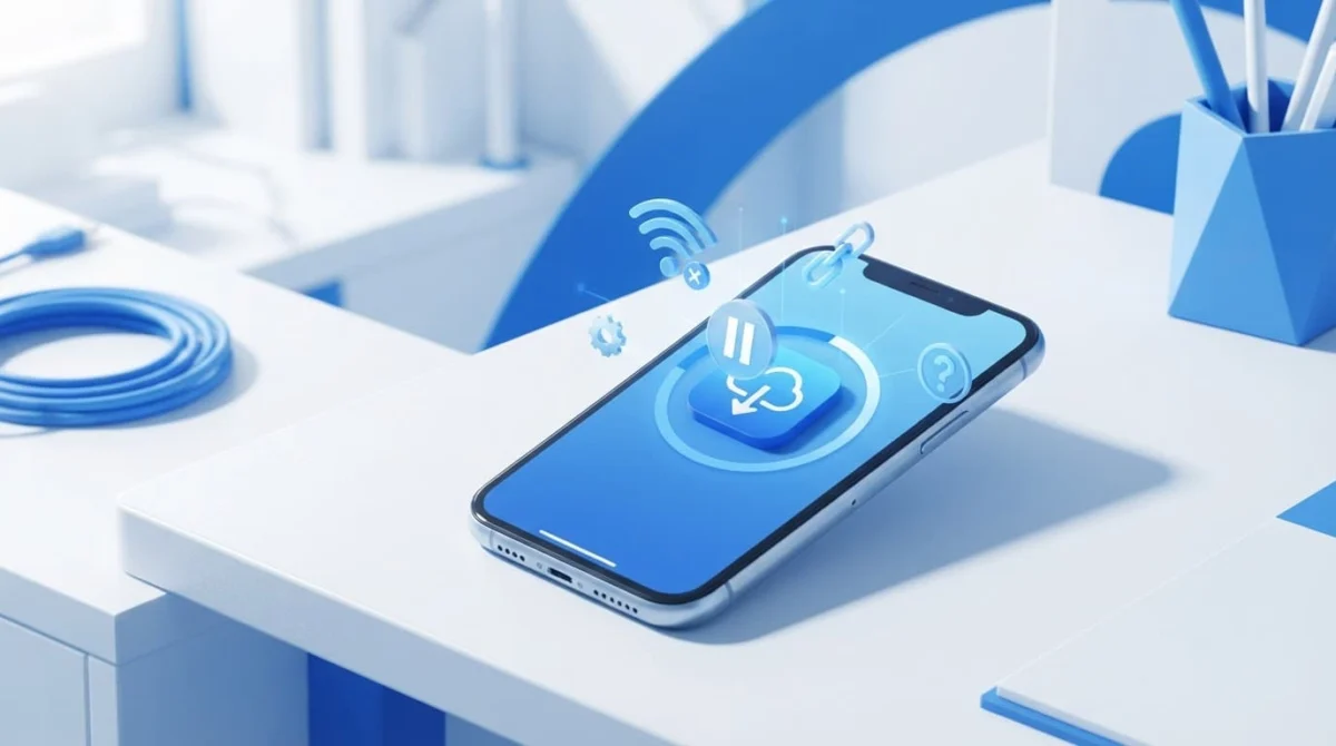 iPhone με παγωμένη λήψη εφαρμογής και μικρό σύννεφο σε λευκό γραφείο.