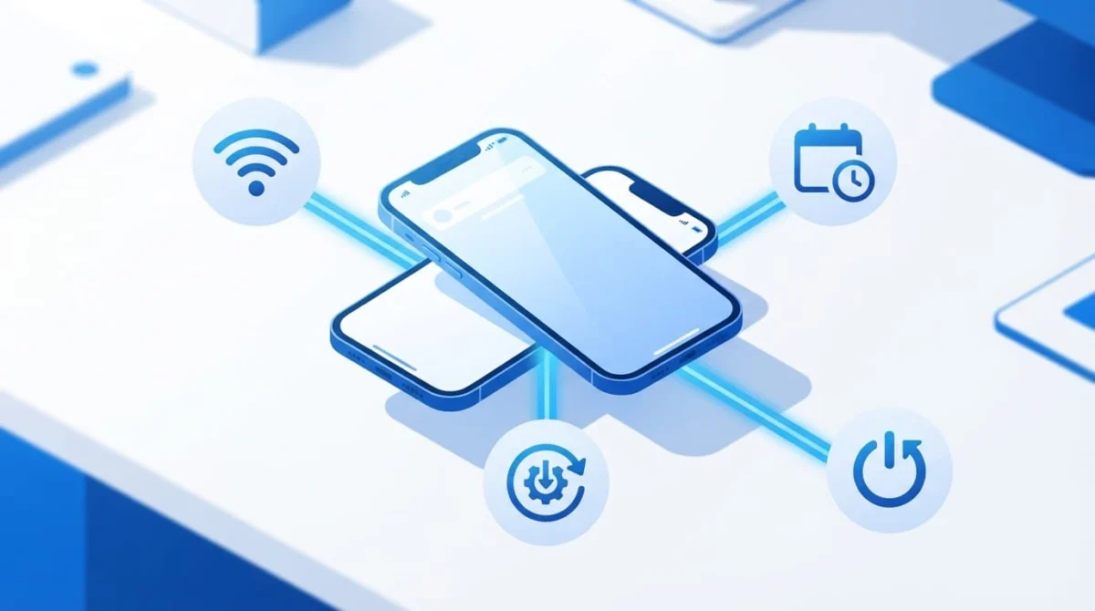Κεντρικό iPhone με σύμβολα Wi-Fi, ημερολογίου, ενημέρωσης και επανεκκίνησης.