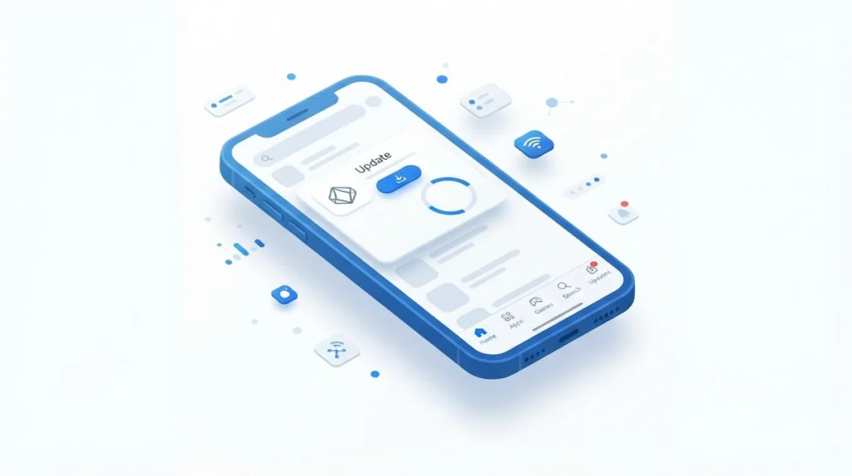 Smartphone με μπλε και λευκό φόντο κατά τη λήψη νέας έκδοσης.