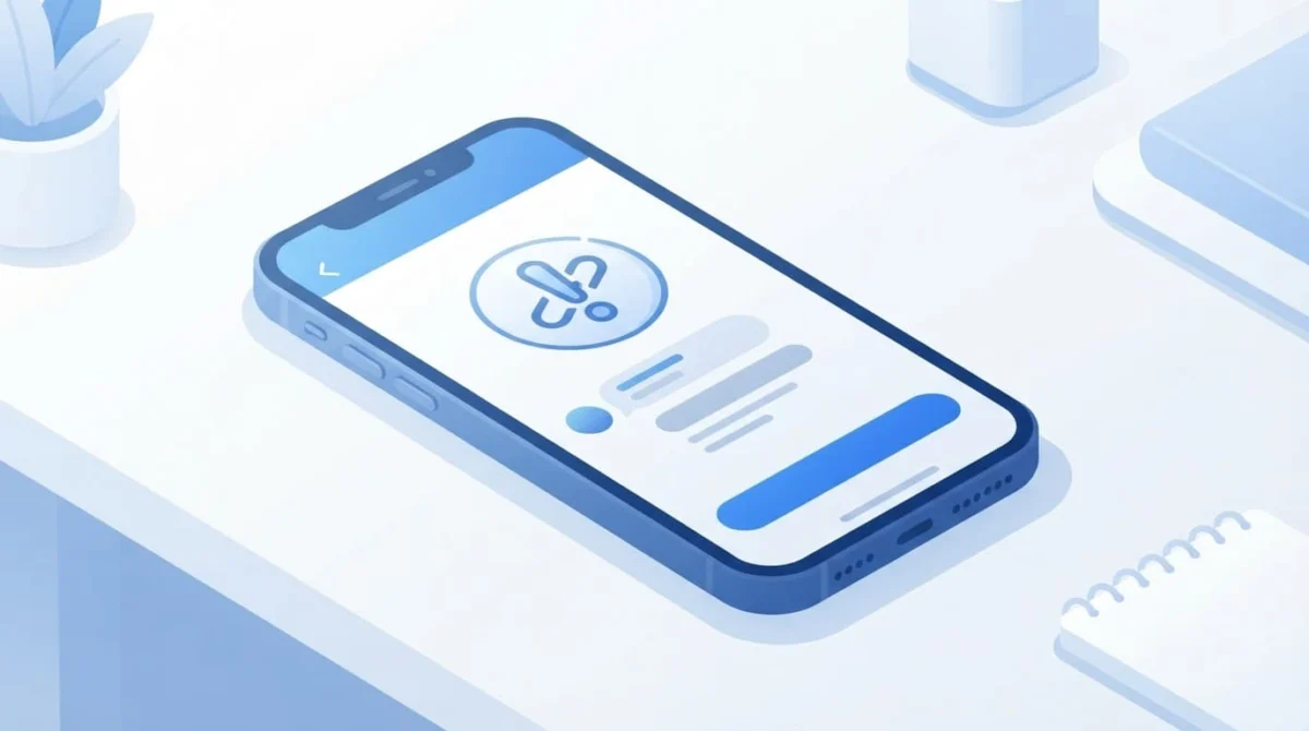 Smartphone με οθόνη σφάλματος εφαρμογής μηνυμάτων σε καθαρό λευκό γραφείο.
