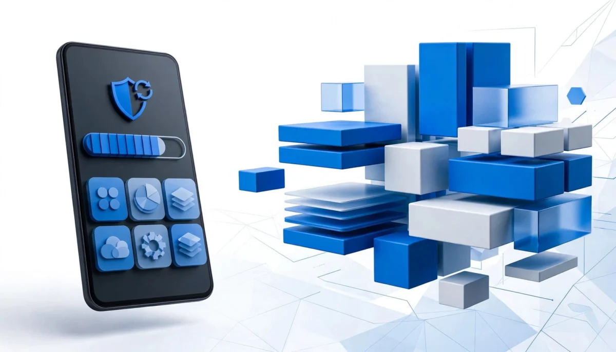 Τηλέφωνο Android με ένδειξη γεμάτου χώρου και ασπίδα ενημέρωσης.