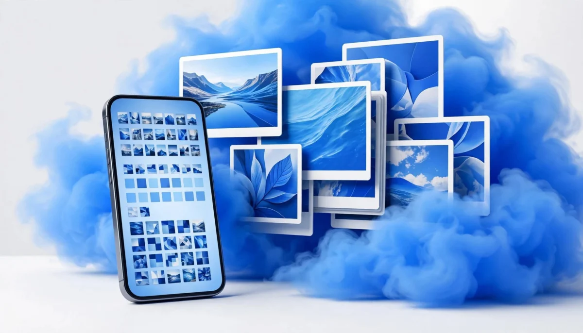 Ένα iPhone με κάρτες φωτογραφιών, μπλε σύννεφο και μικρότερες προεπισκοπήσεις.