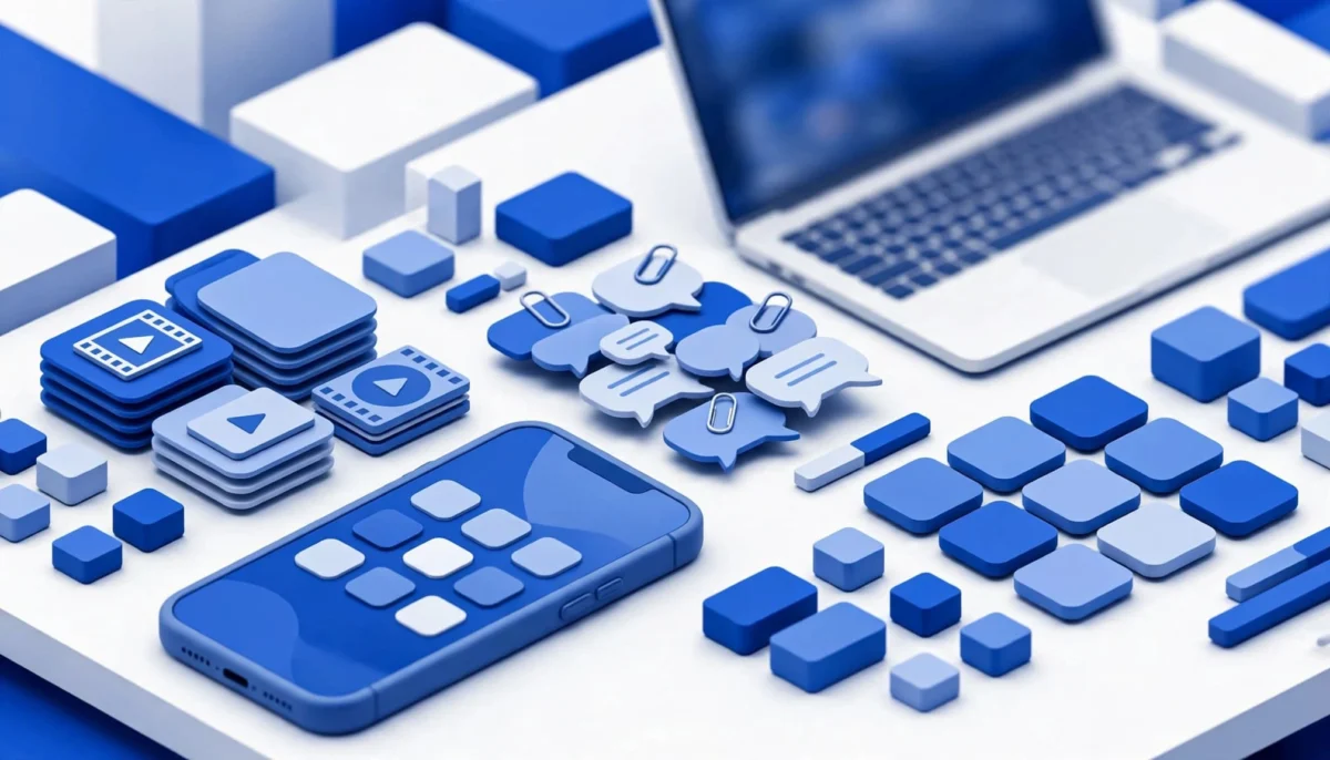 iPhone και laptop με ξεχωριστές μπλε ομάδες για βίντεο, μηνύματα και εφαρμογές.