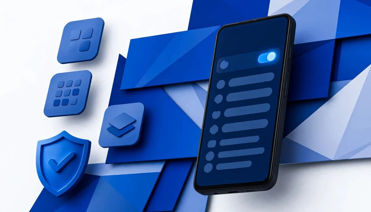 Κινητό Android δεξιά με μπλε πλακίδια ρυθμίσεων και ασπίδα αριστερά.