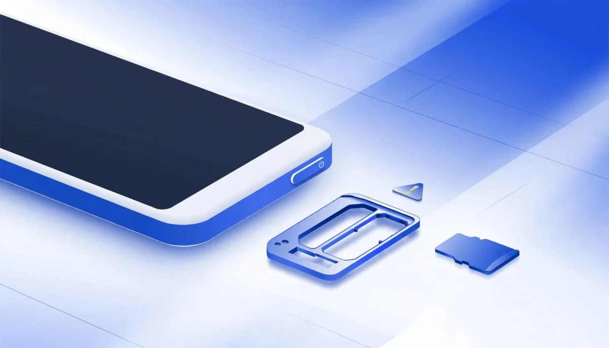 Android τηλέφωνο δίπλα σε κάρτα microSD και άδεια θήκη SIM.
