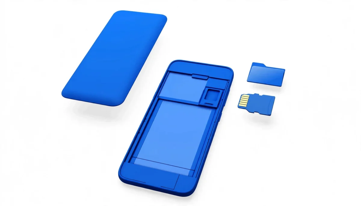 Κινητό με αφαιρεμένο κάλυμμα και κάρτα microSD δίπλα στην υποδοχή.