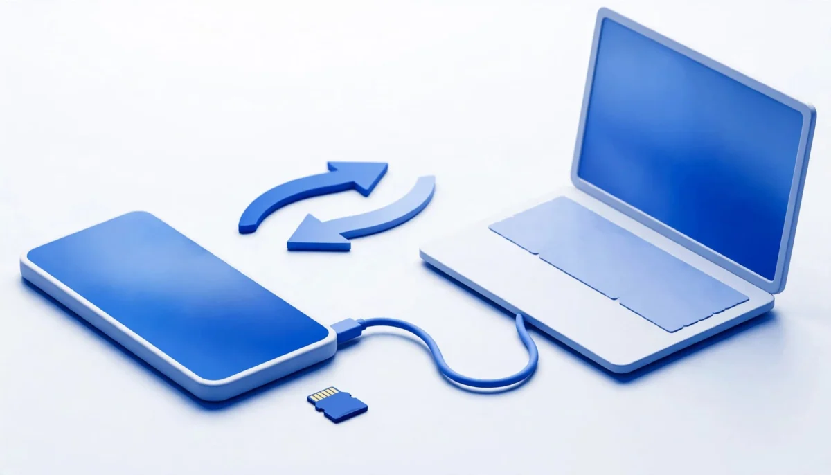 Smartphone Android συνδεδεμένο με laptop Windows μέσω USB, με κάρτα microSD δίπλα.